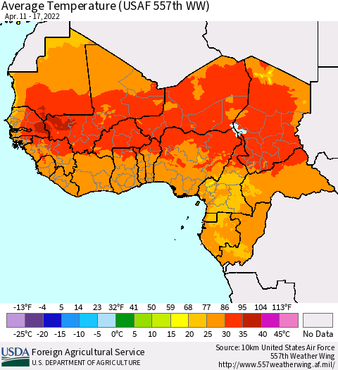 Western Africa Average Temperature (USAF 557th WW) Thematic Map For 4/11/2022 - 4/17/2022