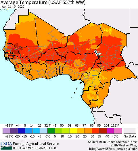 Western Africa Average Temperature (USAF 557th WW) Thematic Map For 4/18/2022 - 4/24/2022
