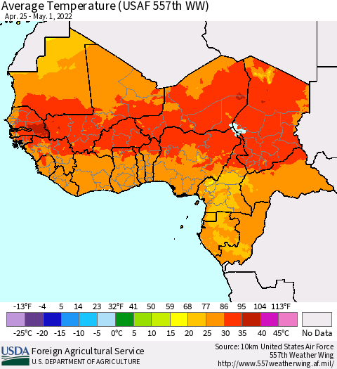 Western Africa Average Temperature (USAF 557th WW) Thematic Map For 4/25/2022 - 5/1/2022