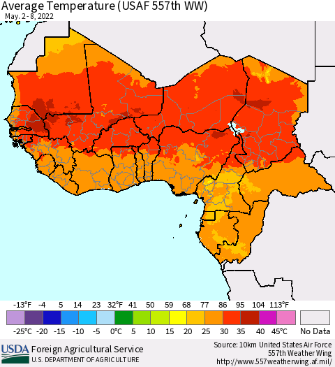 Western Africa Average Temperature (USAF 557th WW) Thematic Map For 5/2/2022 - 5/8/2022