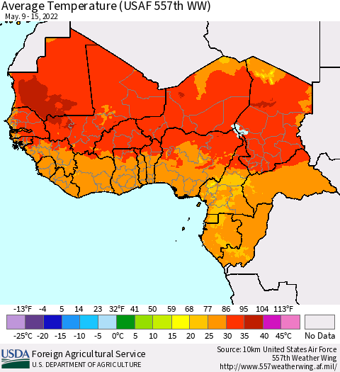 Western Africa Average Temperature (USAF 557th WW) Thematic Map For 5/9/2022 - 5/15/2022