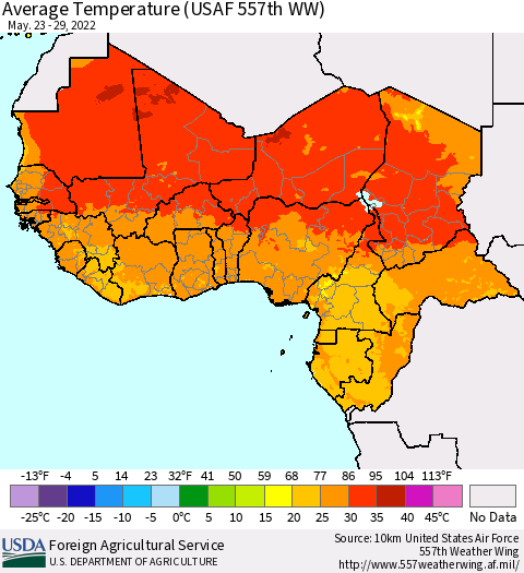 Western Africa Average Temperature (USAF 557th WW) Thematic Map For 5/23/2022 - 5/29/2022