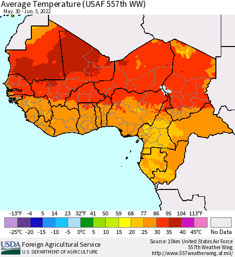 Western Africa Average Temperature (USAF 557th WW) Thematic Map For 5/30/2022 - 6/5/2022