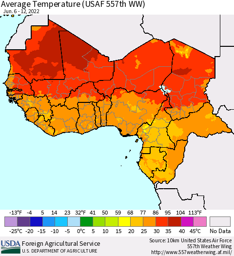 Western Africa Average Temperature (USAF 557th WW) Thematic Map For 6/6/2022 - 6/12/2022