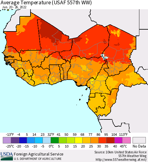 Western Africa Average Temperature (USAF 557th WW) Thematic Map For 6/20/2022 - 6/26/2022