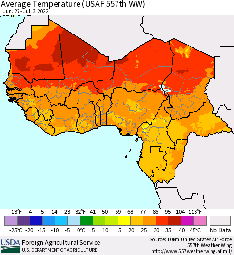 Western Africa Average Temperature (USAF 557th WW) Thematic Map For 6/27/2022 - 7/3/2022