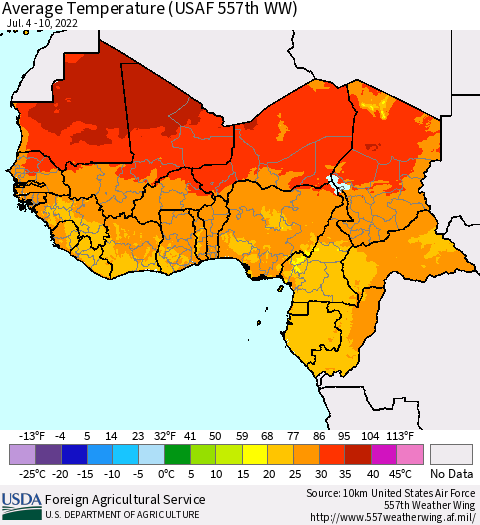 Western Africa Average Temperature (USAF 557th WW) Thematic Map For 7/4/2022 - 7/10/2022