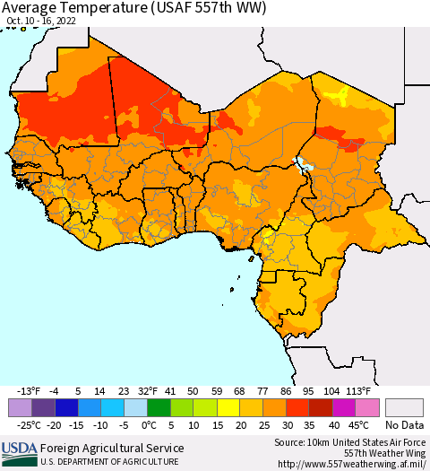 Western Africa Average Temperature (USAF 557th WW) Thematic Map For 10/10/2022 - 10/16/2022