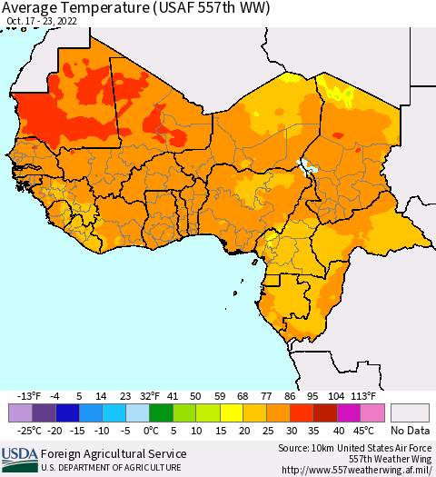 Western Africa Average Temperature (USAF 557th WW) Thematic Map For 10/17/2022 - 10/23/2022