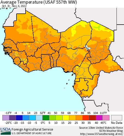 Western Africa Average Temperature (USAF 557th WW) Thematic Map For 10/31/2022 - 11/6/2022