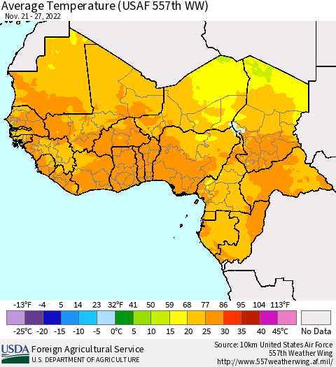 Western Africa Average Temperature (USAF 557th WW) Thematic Map For 11/21/2022 - 11/27/2022