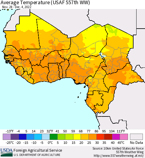 Western Africa Average Temperature (USAF 557th WW) Thematic Map For 11/28/2022 - 12/4/2022