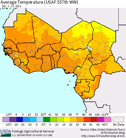 Western Africa Average Temperature (USAF 557th WW) Thematic Map For 12/5/2022 - 12/11/2022