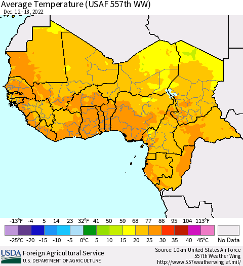 Western Africa Average Temperature (USAF 557th WW) Thematic Map For 12/12/2022 - 12/18/2022