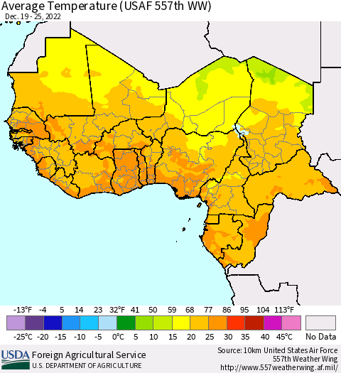 Western Africa Average Temperature (USAF 557th WW) Thematic Map For 12/19/2022 - 12/25/2022