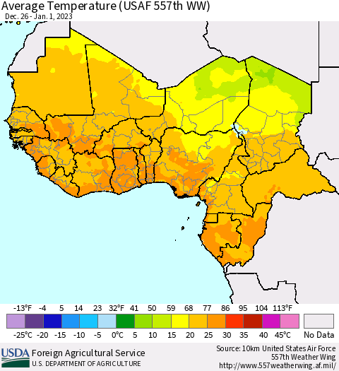Western Africa Average Temperature (USAF 557th WW) Thematic Map For 12/26/2022 - 1/1/2023