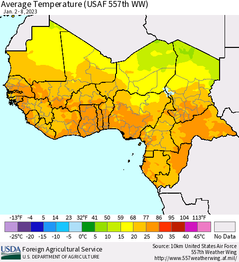 Western Africa Average Temperature (USAF 557th WW) Thematic Map For 1/2/2023 - 1/8/2023