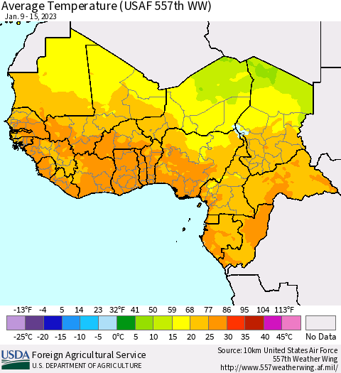 Western Africa Average Temperature (USAF 557th WW) Thematic Map For 1/9/2023 - 1/15/2023
