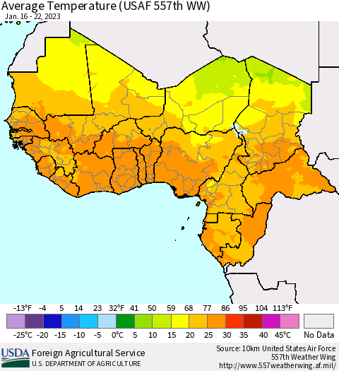 Western Africa Average Temperature (USAF 557th WW) Thematic Map For 1/16/2023 - 1/22/2023