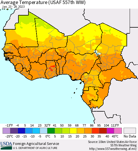 Western Africa Average Temperature (USAF 557th WW) Thematic Map For 1/23/2023 - 1/29/2023
