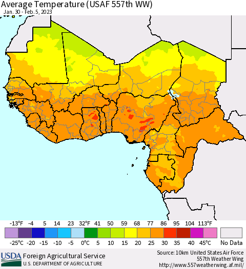 Western Africa Average Temperature (USAF 557th WW) Thematic Map For 1/30/2023 - 2/5/2023