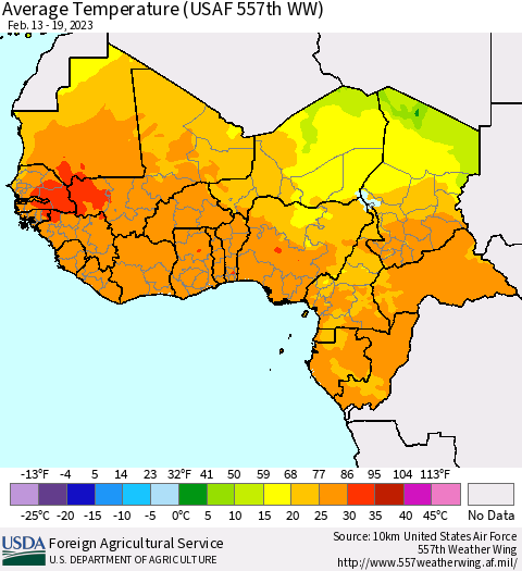 Western Africa Average Temperature (USAF 557th WW) Thematic Map For 2/13/2023 - 2/19/2023