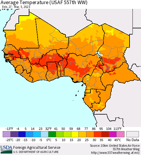 Western Africa Average Temperature (USAF 557th WW) Thematic Map For 2/27/2023 - 3/5/2023