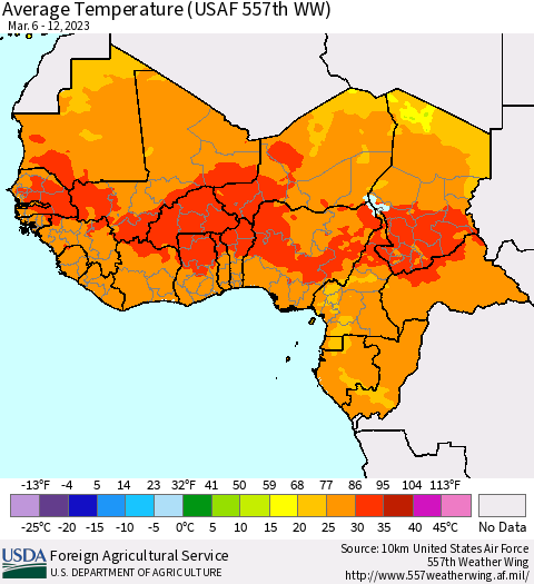 Western Africa Average Temperature (USAF 557th WW) Thematic Map For 3/6/2023 - 3/12/2023