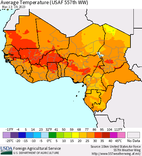 Western Africa Average Temperature (USAF 557th WW) Thematic Map For 3/13/2023 - 3/19/2023