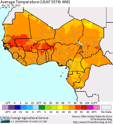 Western Africa Average Temperature (USAF 557th WW) Thematic Map For 3/20/2023 - 3/26/2023