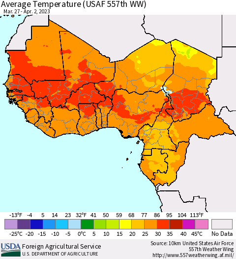 Western Africa Average Temperature (USAF 557th WW) Thematic Map For 3/27/2023 - 4/2/2023