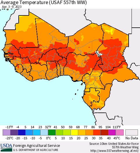 Western Africa Average Temperature (USAF 557th WW) Thematic Map For 4/3/2023 - 4/9/2023