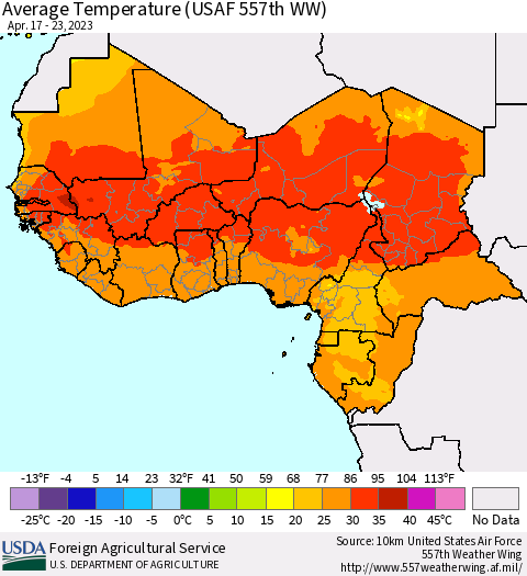 Western Africa Average Temperature (USAF 557th WW) Thematic Map For 4/17/2023 - 4/23/2023