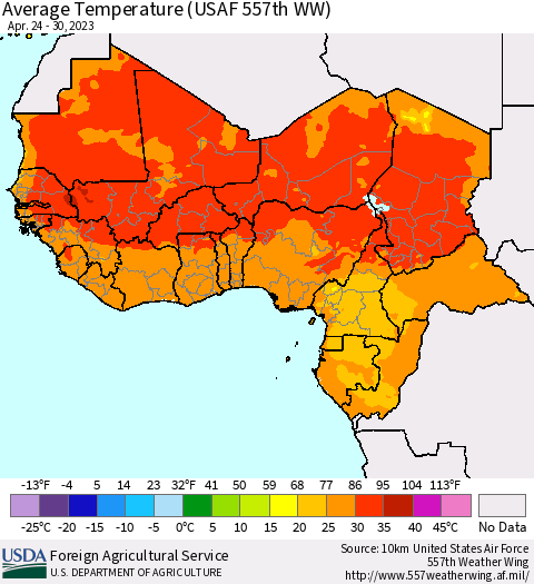 Western Africa Average Temperature (USAF 557th WW) Thematic Map For 4/24/2023 - 4/30/2023