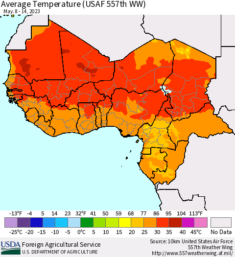 Western Africa Average Temperature (USAF 557th WW) Thematic Map For 5/8/2023 - 5/14/2023