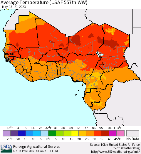 Western Africa Average Temperature (USAF 557th WW) Thematic Map For 5/15/2023 - 5/21/2023