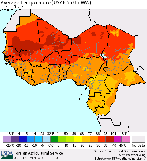 Western Africa Average Temperature (USAF 557th WW) Thematic Map For 6/5/2023 - 6/11/2023