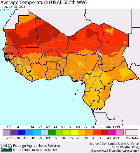 Western Africa Average Temperature (USAF 557th WW) Thematic Map For 6/12/2023 - 6/18/2023
