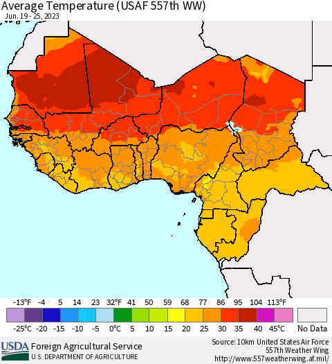 Western Africa Average Temperature (USAF 557th WW) Thematic Map For 6/19/2023 - 6/25/2023