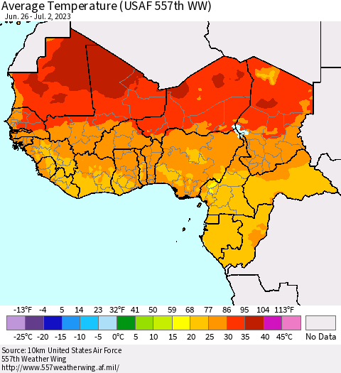 Western Africa Average Temperature (USAF 557th WW) Thematic Map For 6/26/2023 - 7/2/2023