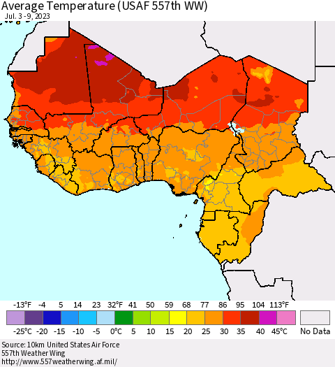 Western Africa Average Temperature (USAF 557th WW) Thematic Map For 7/3/2023 - 7/9/2023