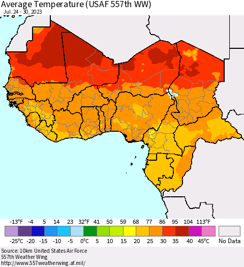 Western Africa Average Temperature (USAF 557th WW) Thematic Map For 7/24/2023 - 7/30/2023