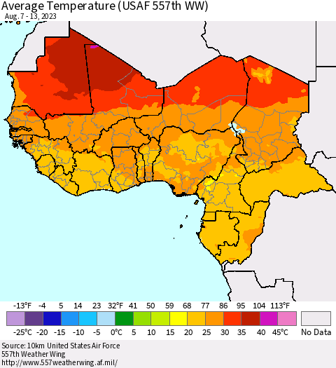 Western Africa Average Temperature (USAF 557th WW) Thematic Map For 8/7/2023 - 8/13/2023