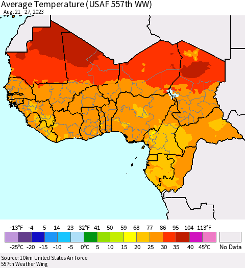 Western Africa Average Temperature (USAF 557th WW) Thematic Map For 8/21/2023 - 8/27/2023