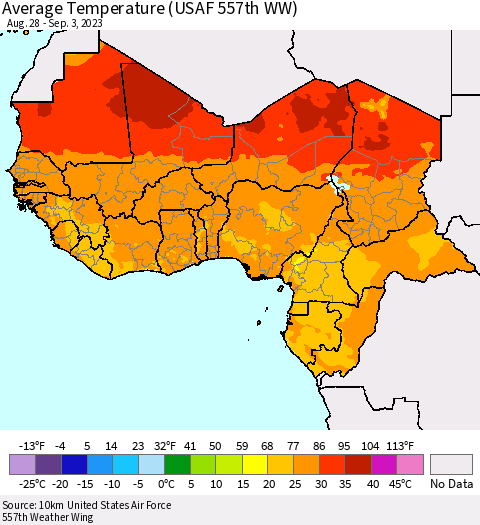 Western Africa Average Temperature (USAF 557th WW) Thematic Map For 8/28/2023 - 9/3/2023