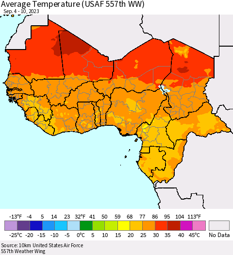 Western Africa Average Temperature (USAF 557th WW) Thematic Map For 9/4/2023 - 9/10/2023
