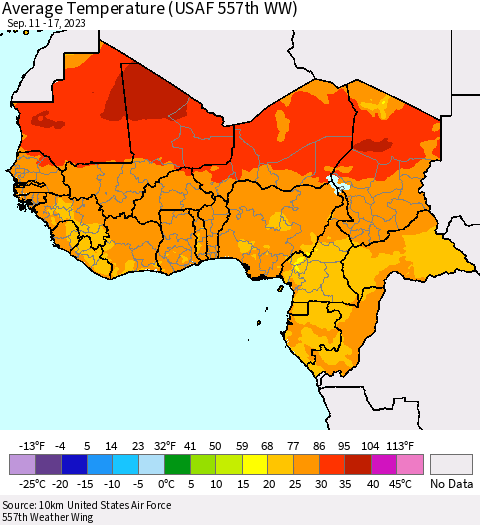 Western Africa Average Temperature (USAF 557th WW) Thematic Map For 9/11/2023 - 9/17/2023