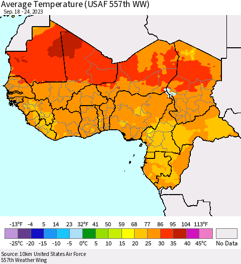 Western Africa Average Temperature (USAF 557th WW) Thematic Map For 9/18/2023 - 9/24/2023