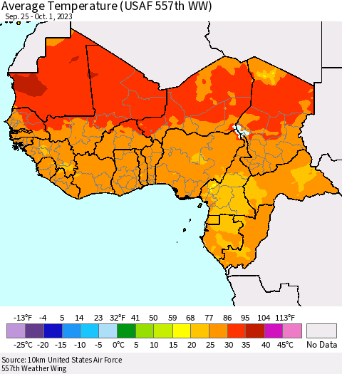 Western Africa Average Temperature (USAF 557th WW) Thematic Map For 9/25/2023 - 10/1/2023