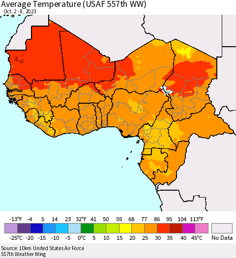 Western Africa Average Temperature (USAF 557th WW) Thematic Map For 10/2/2023 - 10/8/2023